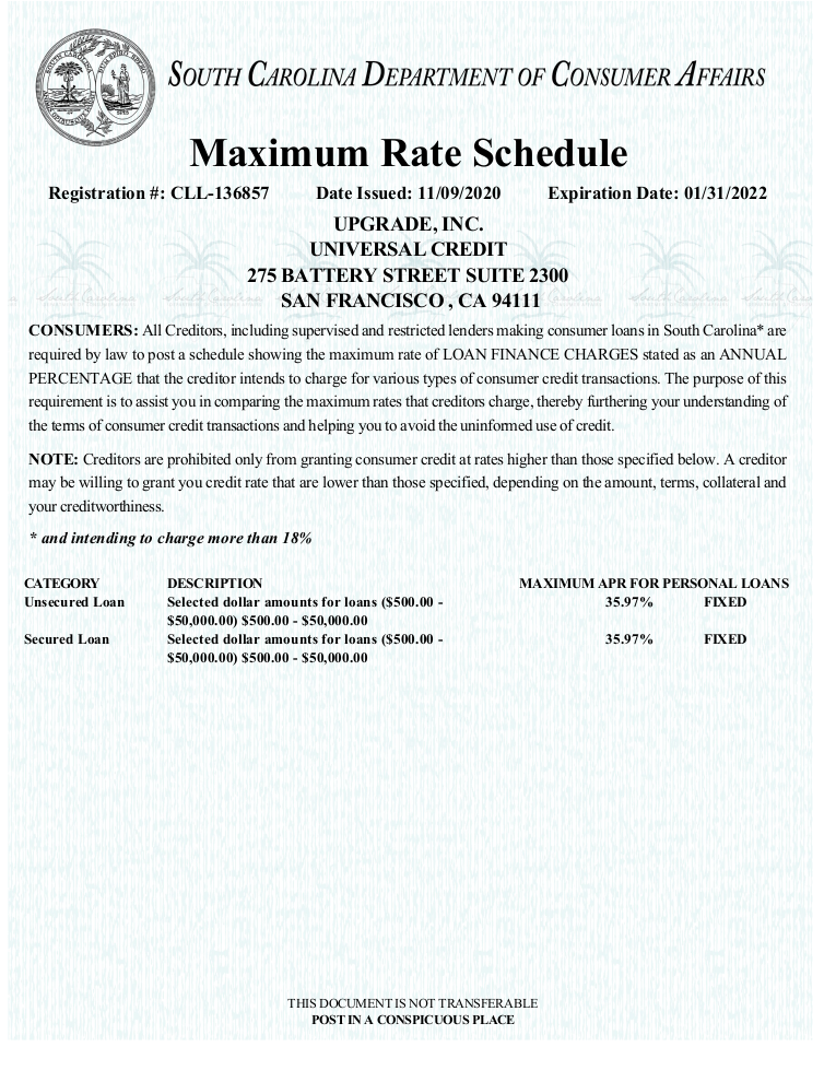 South Carolina Maximum Rate Schedule for physical location