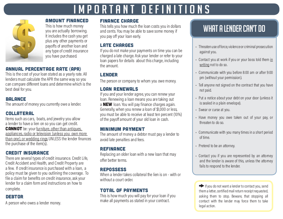 South Carolina Consumer Brochure - Important Definitions